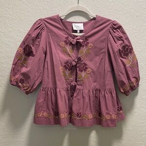 Mable Mauve Embroidered Peplum Top with Bow Closures